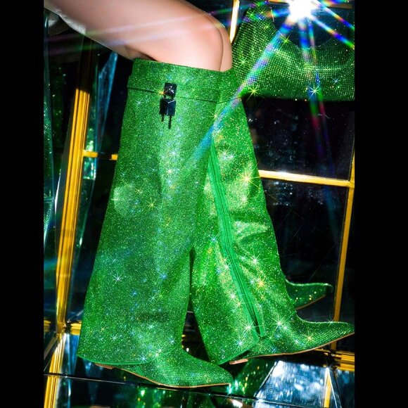 Super Sparkle Sharky Green Rhinestone Skirted Fold Over Wedge Heel Knee Boots - Picture 14 of 14
